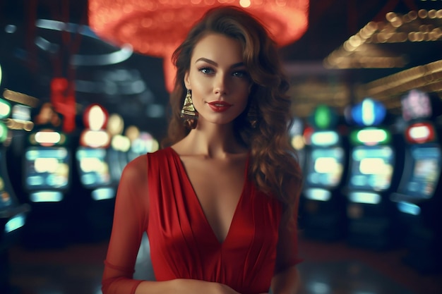 foto de una hermosa chica con un vestido rojo en un bar