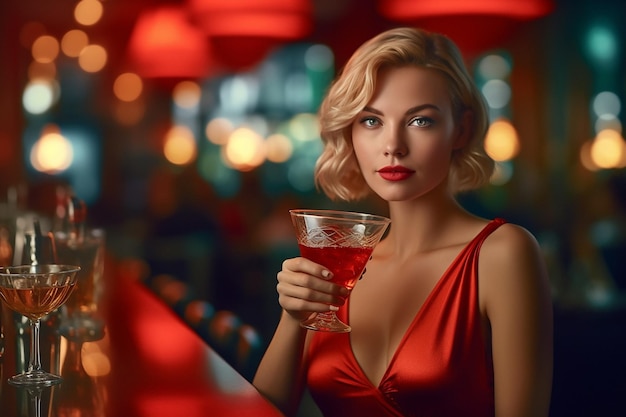 foto de una hermosa chica con un vestido rojo en un bar