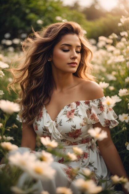 foto hermosa dama en el jardín de flores