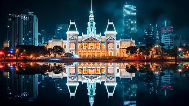 Foto hermosa escena nocturna de la ciudad moderna con río.