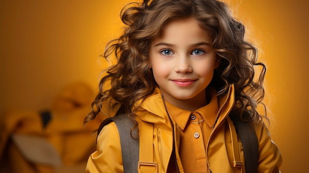 foto de una hermosa estudiante regresando a la clase con fondo amarillo