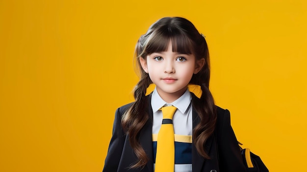 foto de una hermosa estudiante regresando a la clase con fondo amarillo