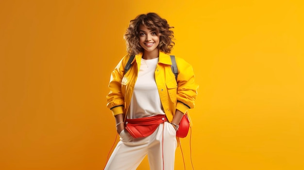 foto de una hermosa estudiante regresando a la clase con fondo amarillo