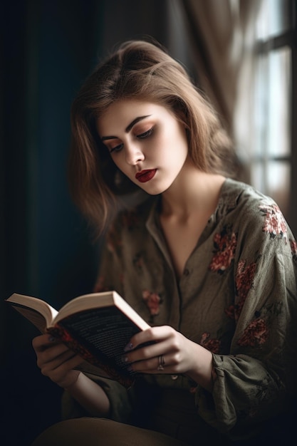 foto de una hermosa joven leyendo sola creada con IA generativa