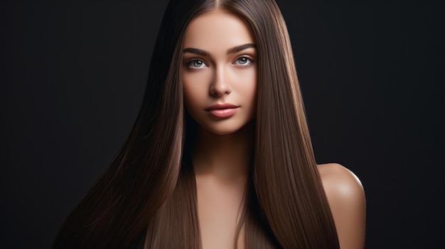 Foto foto de una hermosa joven modelo con cabello largo y castaño brillante alisado de queratina tratamiento cuidado peinado suave
