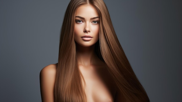 Foto foto de una hermosa joven modelo con cabello largo y castaño brillante alisado de queratina tratamiento cuidado peinado suave