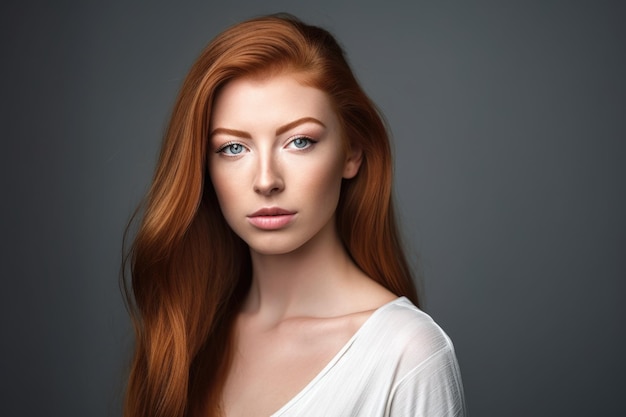 Foto de una hermosa joven de pie sobre un fondo gris creado con ai generativo