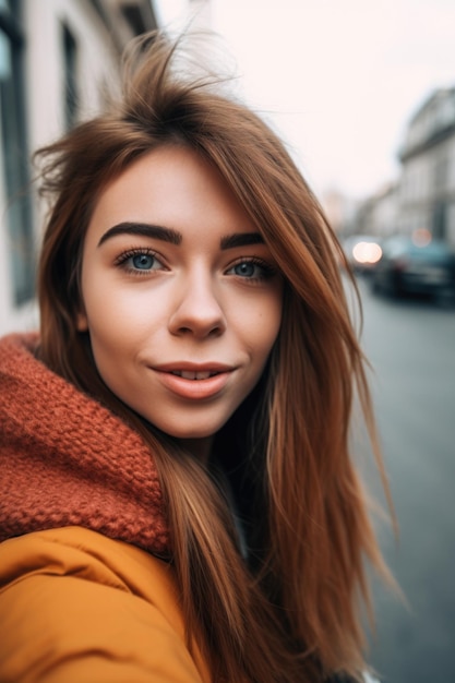 foto de una hermosa joven tomando selfies afuera creada con IA generativa