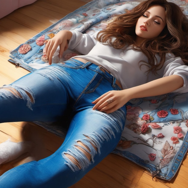Foto de una hermosa modelo con un conjunto de jeans azul marino