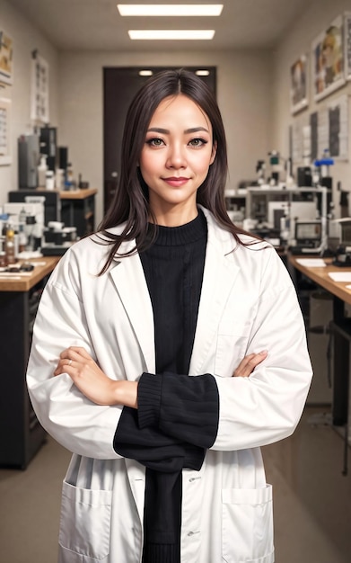 Foto de hermosa mujer asiática en bata blanca de laboratorio AI generativa