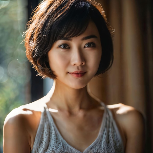 foto de una hermosa mujer asiática japonesa con IA generativa de cabello corto