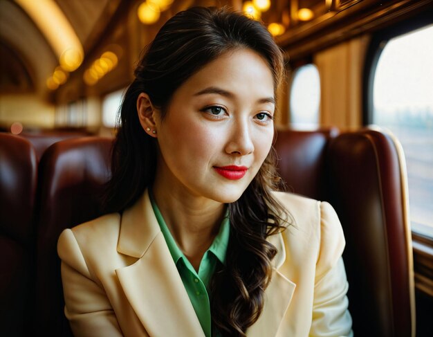 Foto foto de una hermosa mujer asiática sentada en un tren de alta velocidad de lujo generativa ai