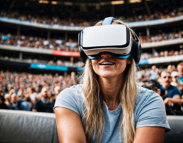 foto de una hermosa mujer con auriculares con gafas VR en el estadio deportivo con IA generativa