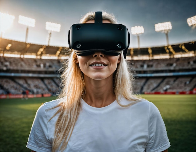 foto de una hermosa mujer con auriculares con gafas VR en el estadio deportivo con IA generativa