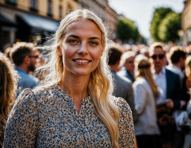 Foto de una hermosa mujer en la calle Parade en Europa, país con IA generativa