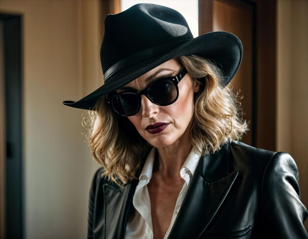 foto de una hermosa mujer estadounidense de mediana edad con gafas de sol y guantes y sombrero de vaquero y traje negro en el campo de la granja IA generativa