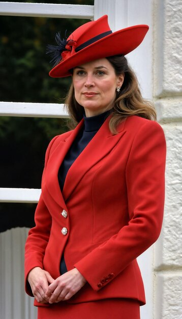 Foto de una hermosa mujer de Europa con abrigo rojo y sombrero de pie en el jardín generativa AI