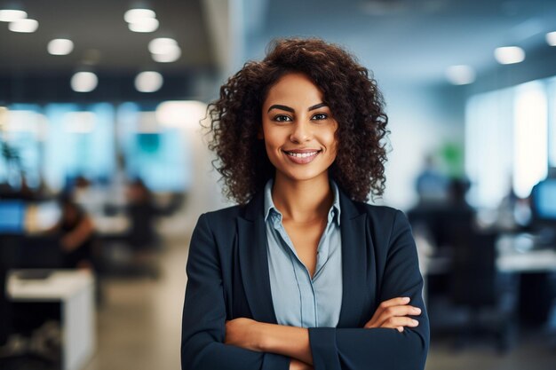 Foto de una hermosa mujer feliz mirando a la cámara mientras está sentada en la oficina