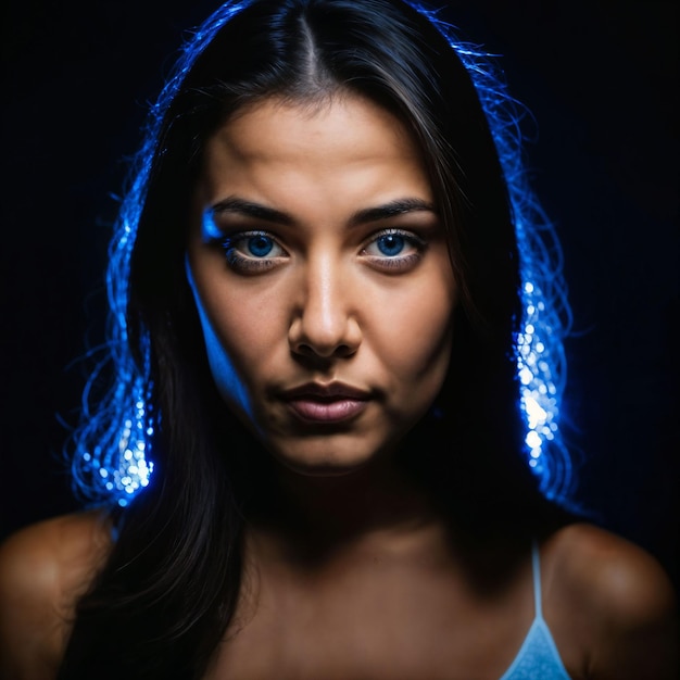 foto de una hermosa mujer con luz azul sobre fondo negro IA generativa