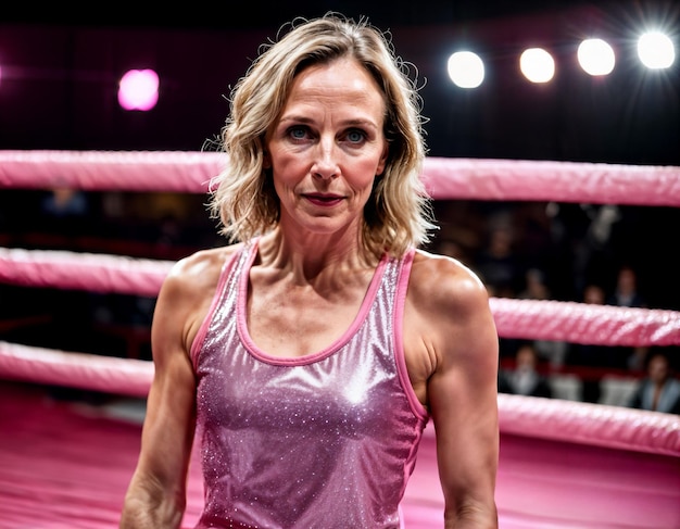 foto de una hermosa mujer de mediana edad con traje de boxeo rosado en el ring de boxeos IA generativa
