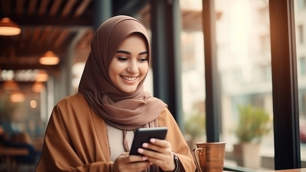 Foto de una hermosa mujer musulmana asiática sonriendo usando un teléfono inteligente