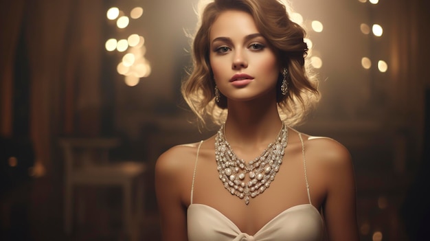 Una foto de una hermosa niña con un lujoso collar de perlas en capas