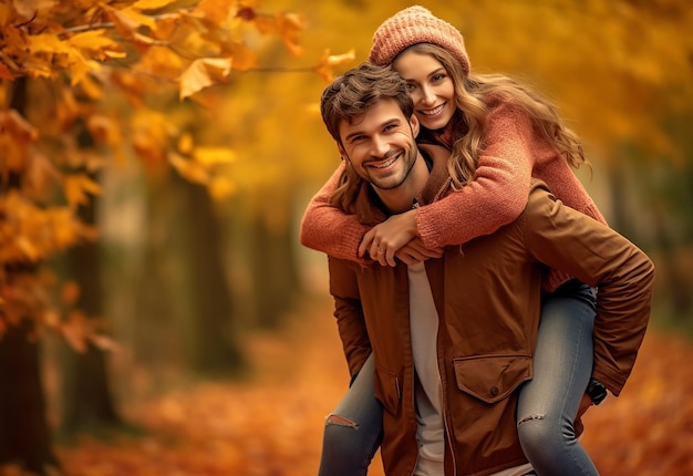 Foto de una hermosa pareja amorosa en la naturaleza del parque otoñal