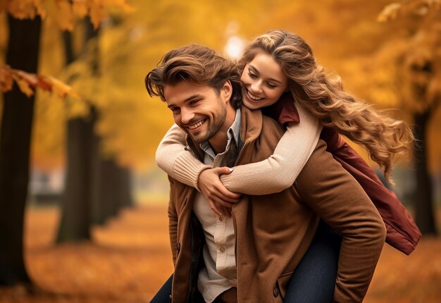 Foto de una hermosa pareja amorosa en la naturaleza del parque otoñal