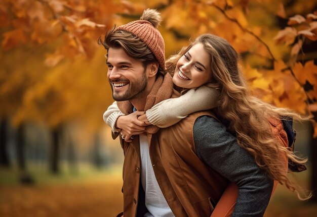 Foto de una hermosa pareja amorosa en la naturaleza del parque otoñal