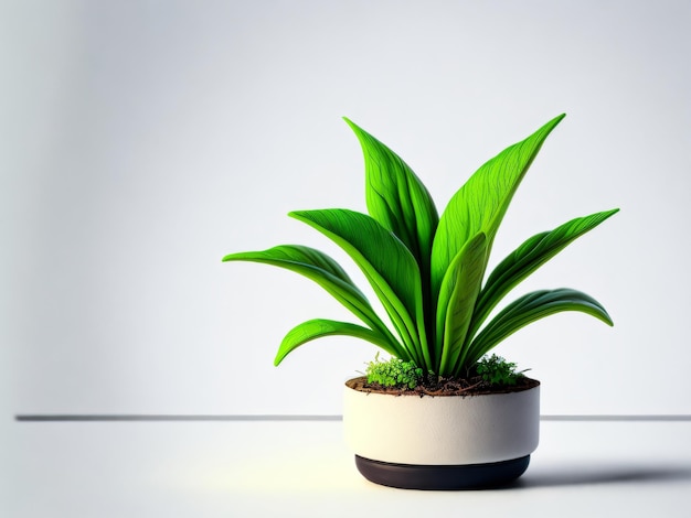 Foto de una hermosa planta en miniatura en una maceta sobre una mesa blanca con fondo blanco.