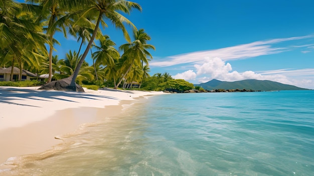 Foto de una hermosa playa paradisíaca y una isla con olas azules.