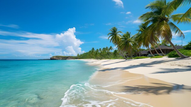 Foto de una hermosa playa paradisíaca y una isla con olas azules.