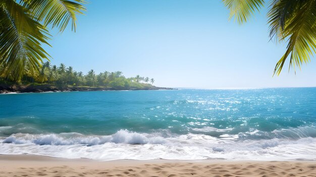 Foto foto de una hermosa playa tropical con olas azules y un paisaje de palmeras