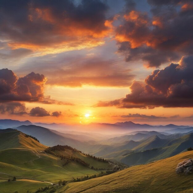 Foto hermosa puesta de sol en las montañas vista panorámica del paisaje contra el cielo durante la puesta de sol