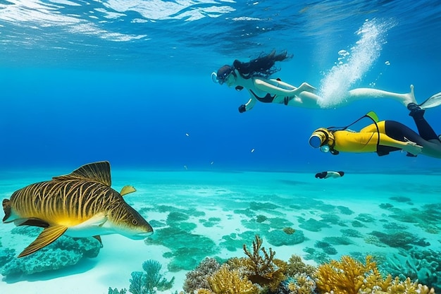 Foto hermosa vista panorámica submarina con peces tropicales y arrecifes de coral