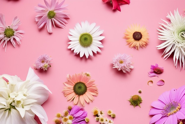 Foto de hermosas y variadas flores recién recogidas en un fondo de piso rosado