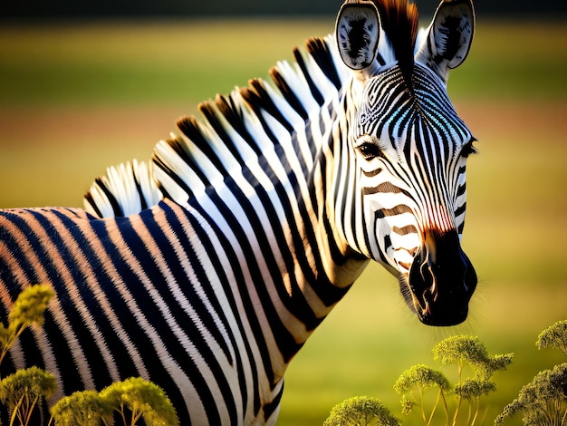 Foto de un hermoso animal de cebra en un campo verde con un fondo de selva capturado con una cámara DSLR