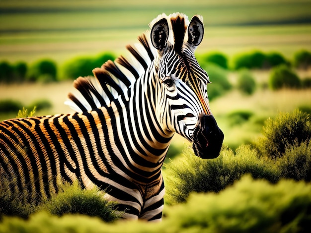 Foto de un hermoso animal de cebra en un campo verde con un fondo de selva capturado con una cámara DSLR