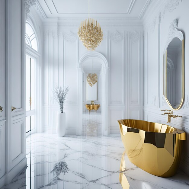 Foto hermoso baño con detalles dorados y muebles lujosos