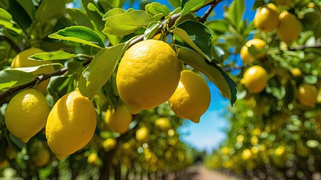 Foto hermoso jardín de limón limones maduros amarillos frescos con hojas verdes