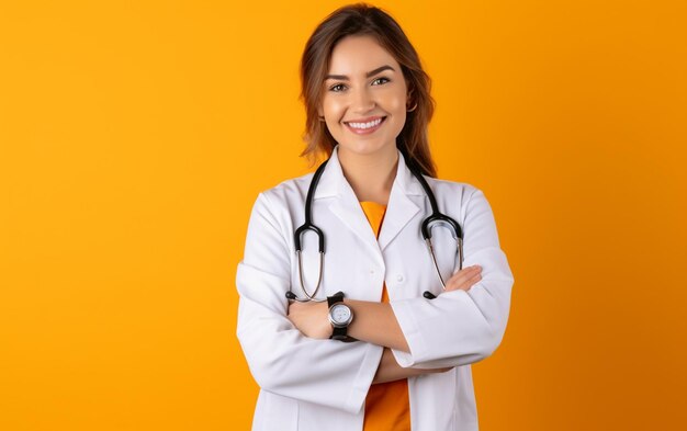 Foto de un hermoso joven médico con uniforme blanco en fondo amarillo