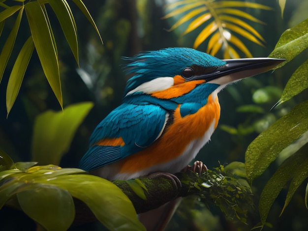 Foto de un hermoso pájaro Martín pescador sentado en una jungla con hermosas plumas