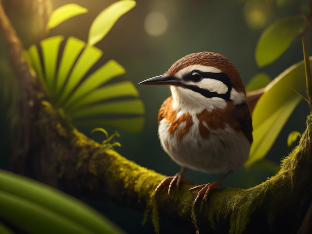 Foto de un hermoso pájaro reyezuelo sentado en una rama de árbol en el bosque