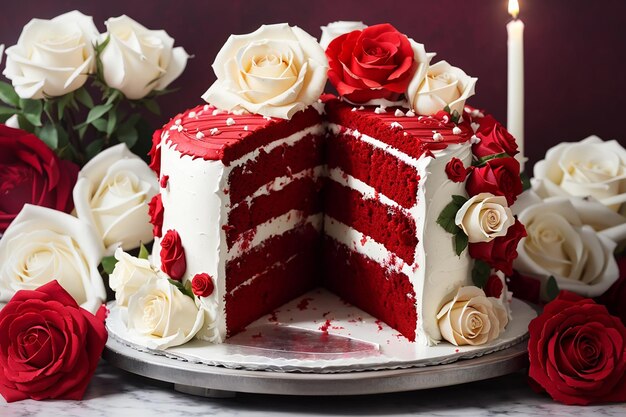 Foto hermoso pastel de cumpleaños de terciopelo rojo decorado con rosas blancas