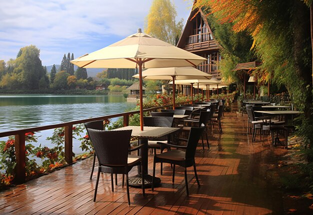 Foto de un hermoso restaurante callejero y cafetería.