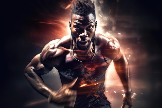 Foto heróica de dupla exposição de um corredor africano masculino bem treinado correndo rapidamente