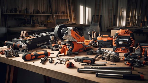 Una foto de herramientas de construcción bien dispuestas en una mesa