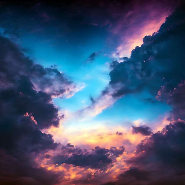 Foto himmelblaues und orangefarbenes Licht der Sonne durch die Wolken am Himmel