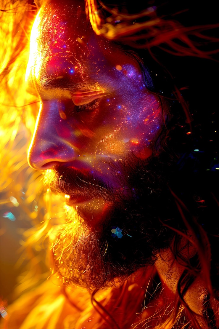 Foto foto hiper-realista de jesus em close-up com luzes divinas abstratas