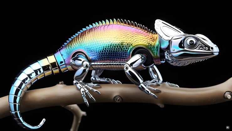 Foto hiperrealista 4K Ultra HD de un camaleón robot con componentes de metal cromado